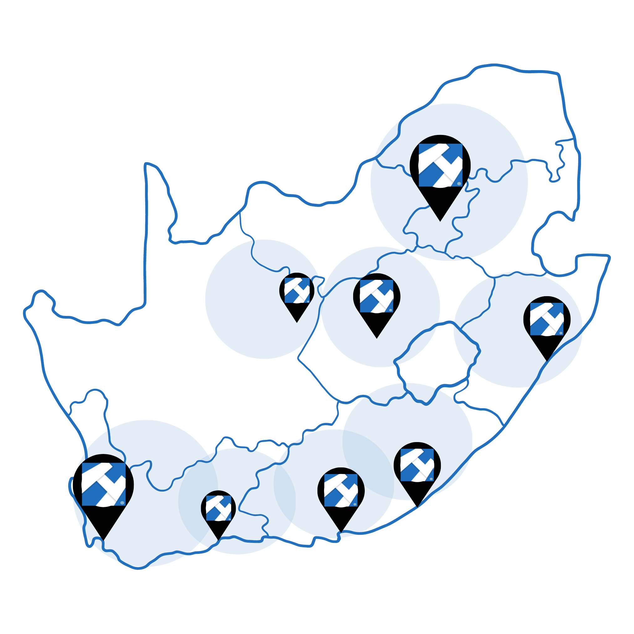 A map of South Africa highlighting the areas where HUGE TNS operate with Gauteng and Cape Town being the largest