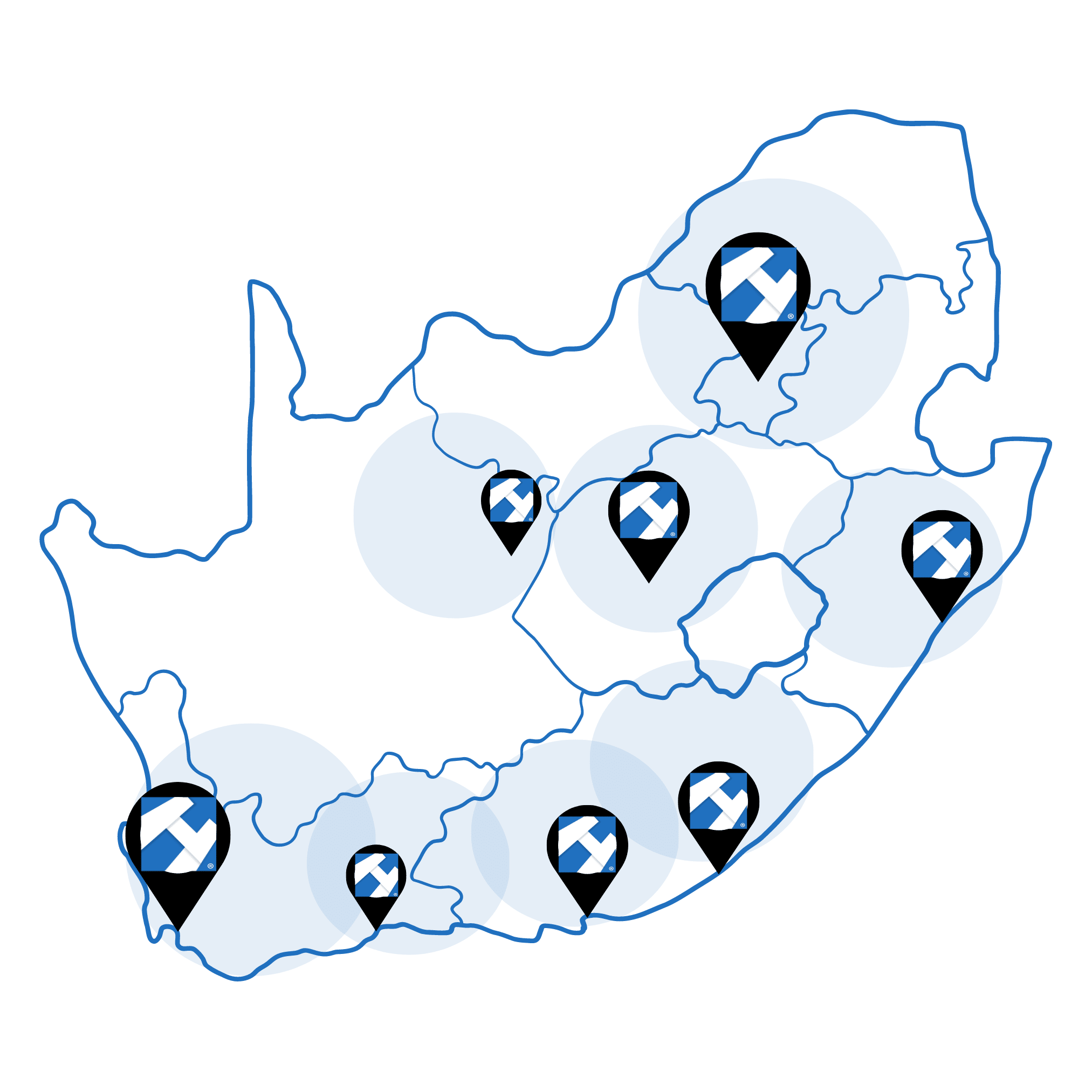 A map of South Africa highlighting the areas where HUGE TNS operate with Gauteng and Cape Town being the largest